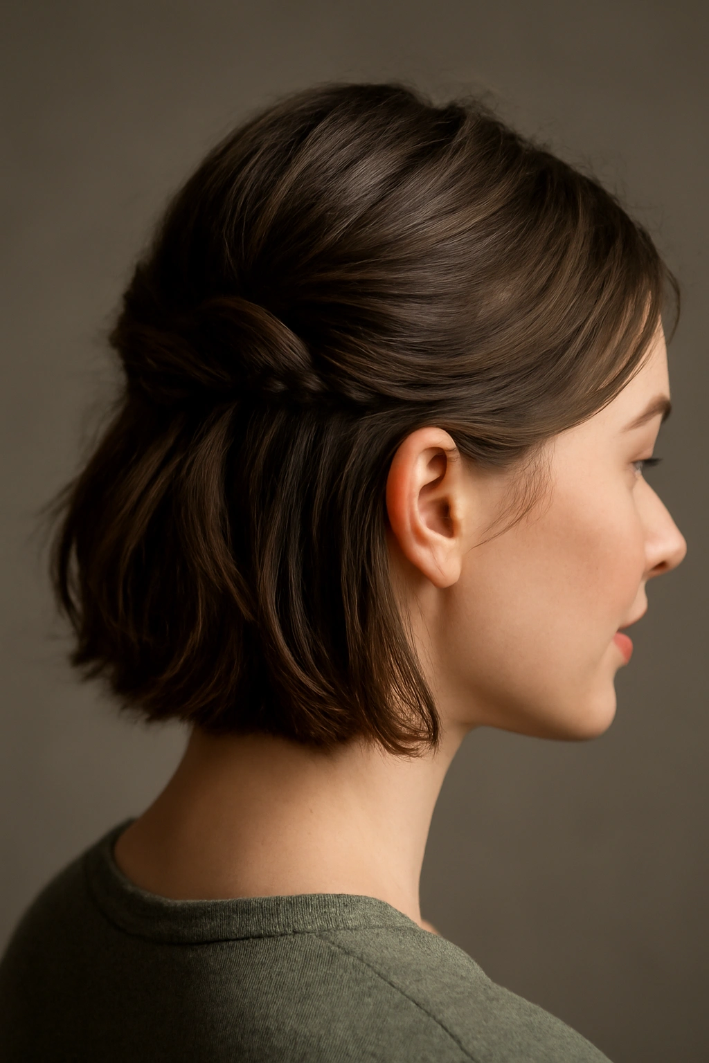 10 Easy Short Hairstyles Perfect for School Days 8 Close-up of short hair with the top half twisted into a loose knot.