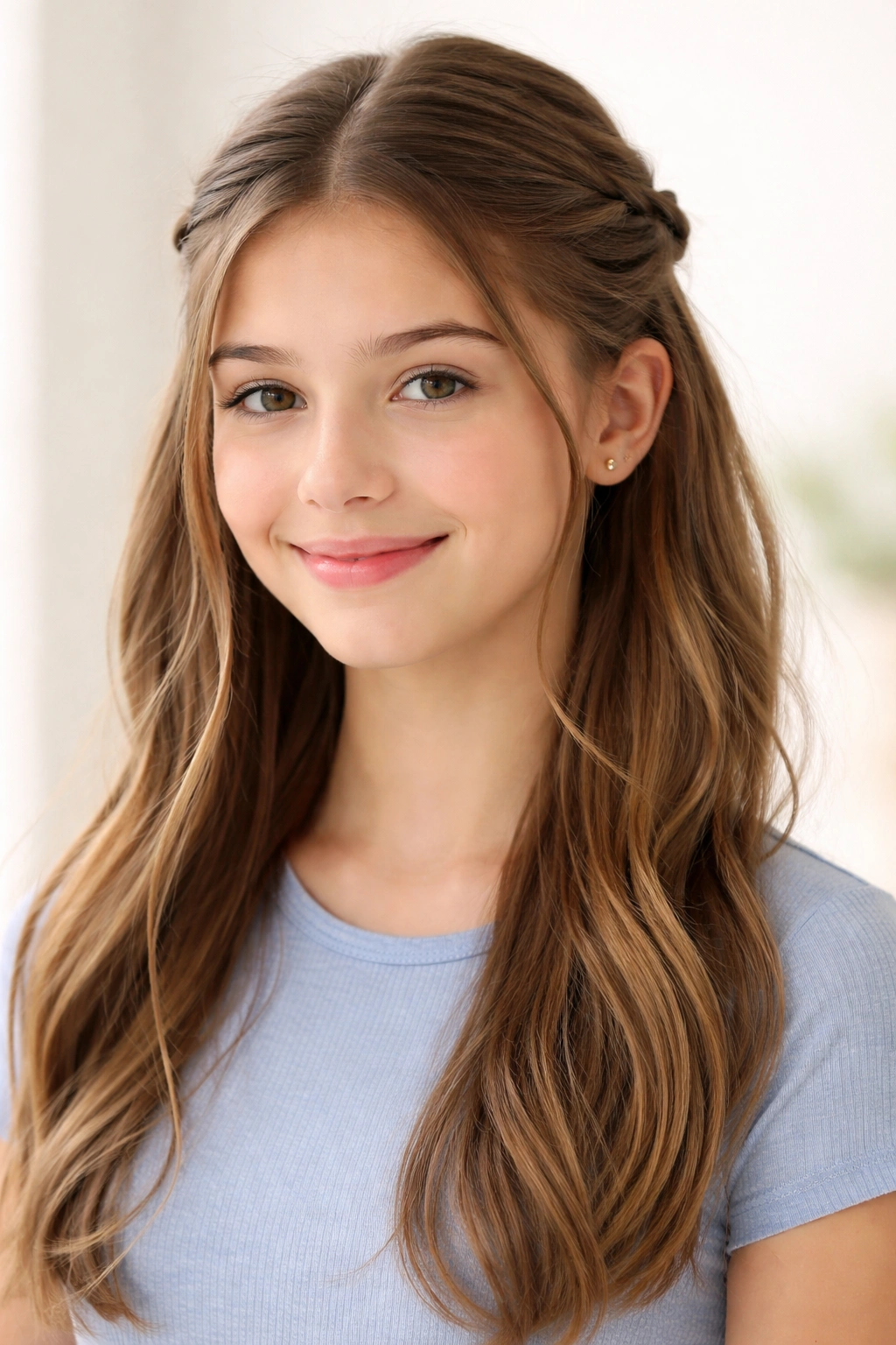 Portrait of a teen with half-up hairstyle featuring twisted sides secured at back