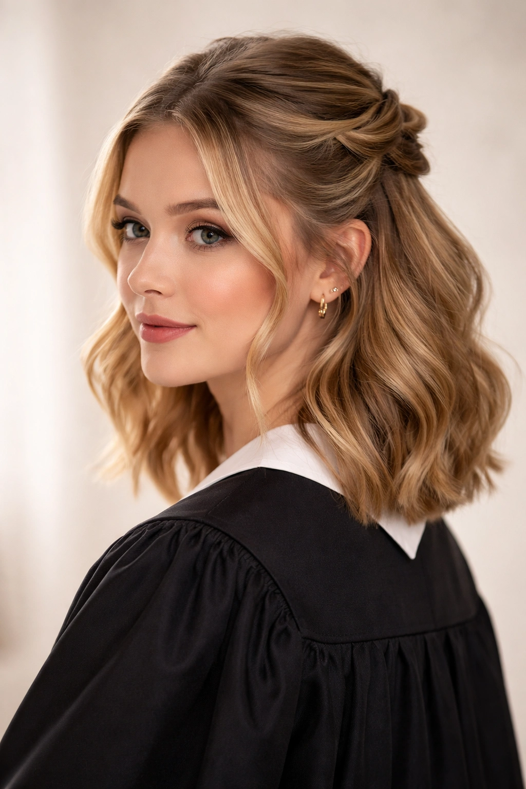 Half-up half-down hairstyle with twists and a soft, romantic look