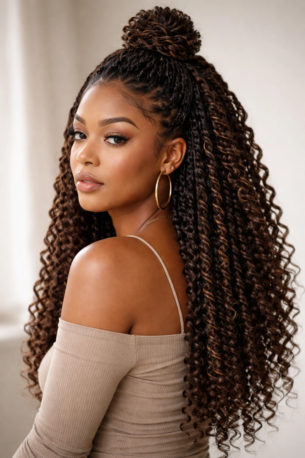 Half-up passion twist style with top knot and flowing twists