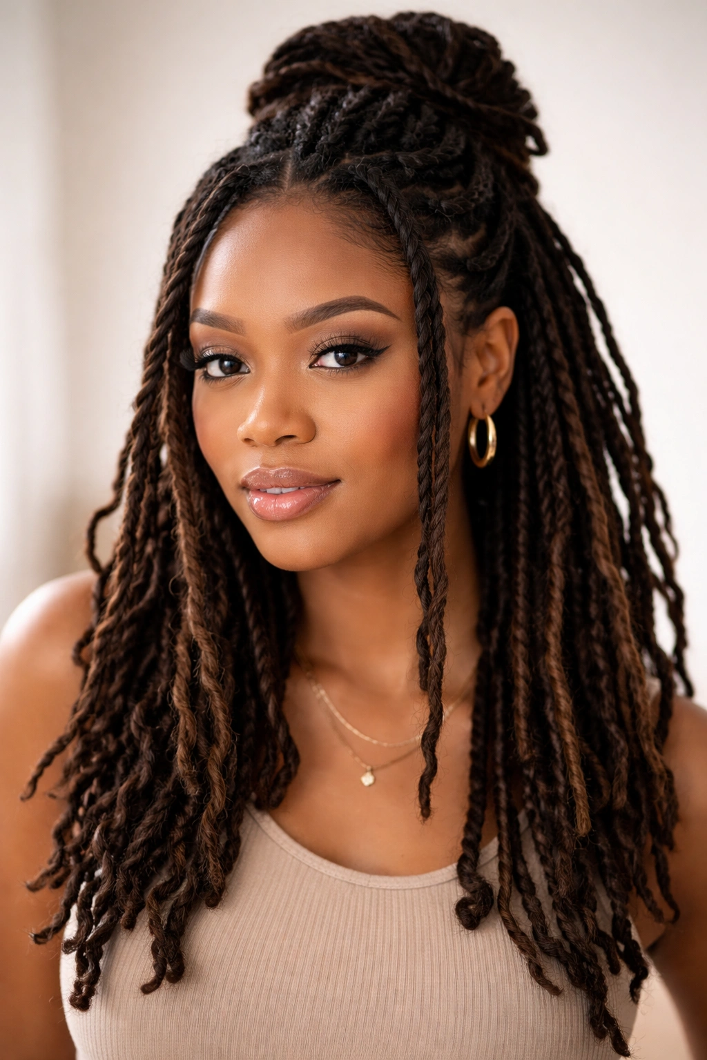 15 Dreadlock Styles For Women At Every Length 12 Half-up hairstyle with twisted locs framing the face.