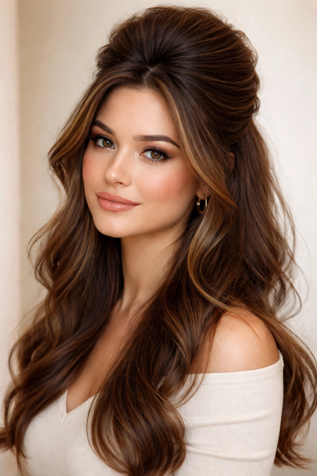 12 Hairstyles That Flatter A Wider Face Shape 11 Half-up hairstyle with volume at crown and flowing lower hair