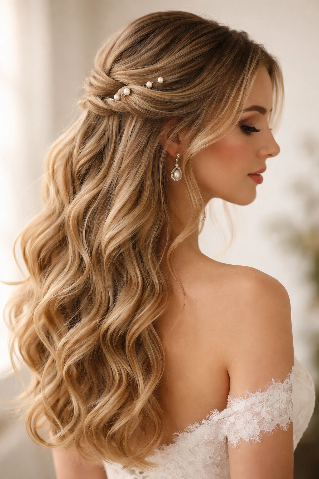 Close-up of a bridal half-up hairstyle with soft waves and pearl pins