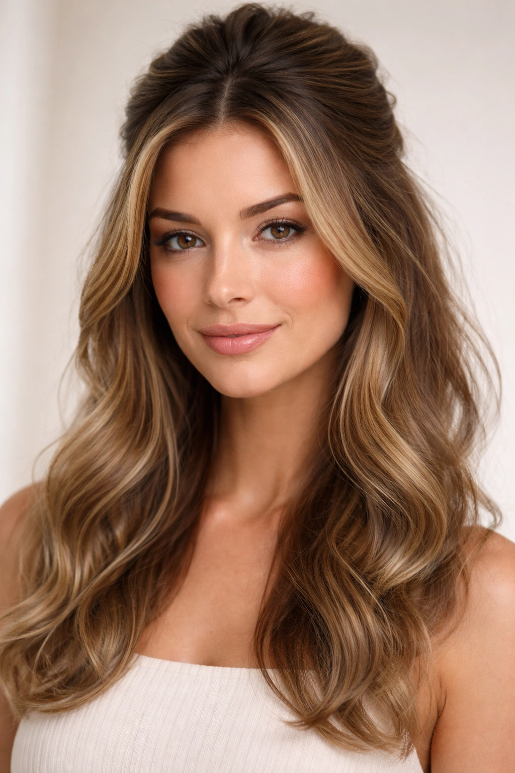 Portrait of a person with a half-up hairstyle and face-framing waves in a studio setting