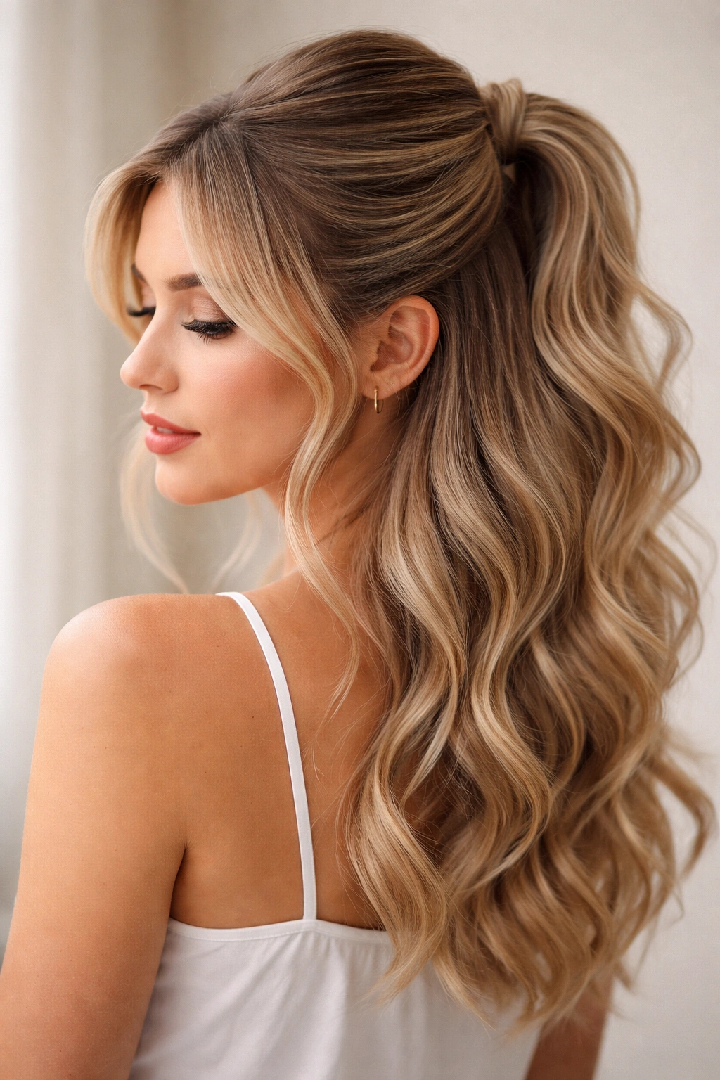 Close-up of half-up wave hairstyle with crown volume on fine hair