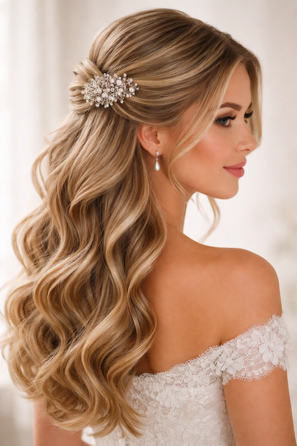 Luxe half-up wave with a jeweled clip hairstyle