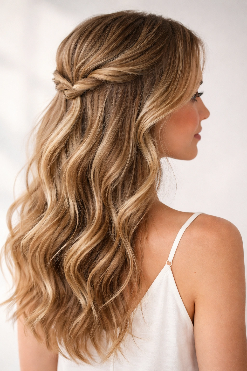 Three-quarter view of half-up waves with loose twisted details