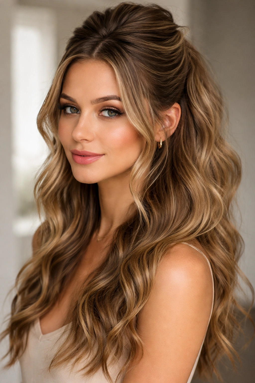 Half-up hairstyle with waves and top secured back
