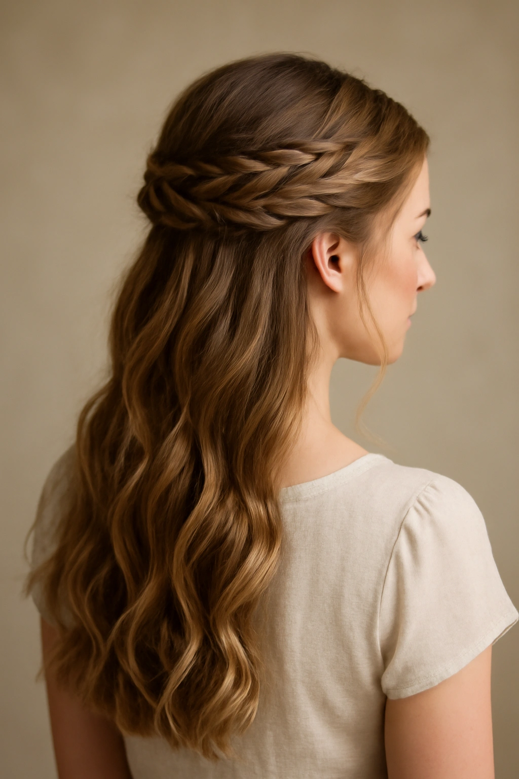 10 Elegant Updos for Weddings and Formal Events 4 Half-up half-down hairstyle with woven details and flowing lower hair