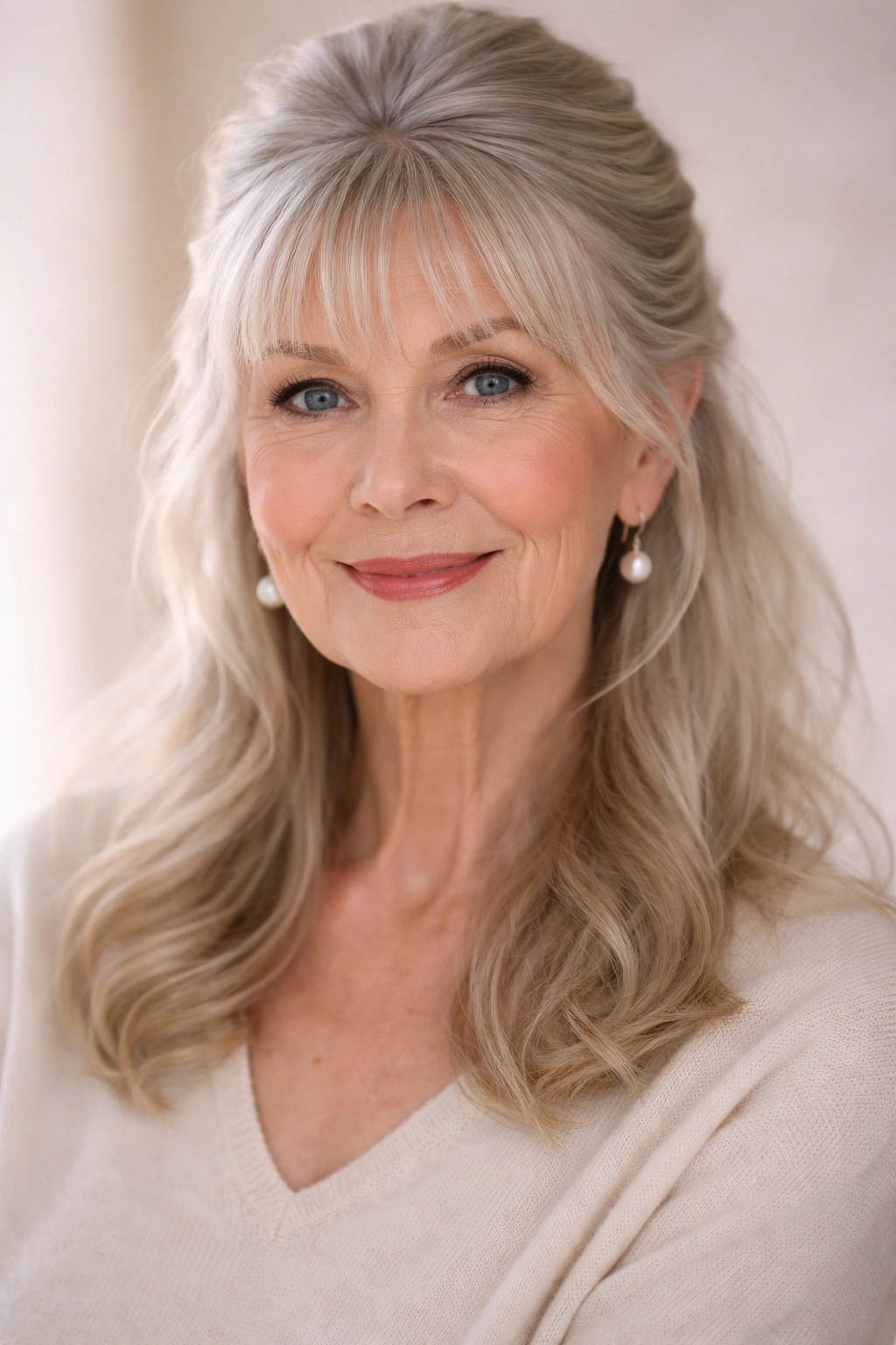 Elderly woman with half-up hairstyle and wispy bangs in soft studio lighting