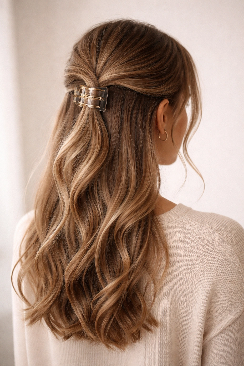 Finished half-up hairstyle secured with a claw clip