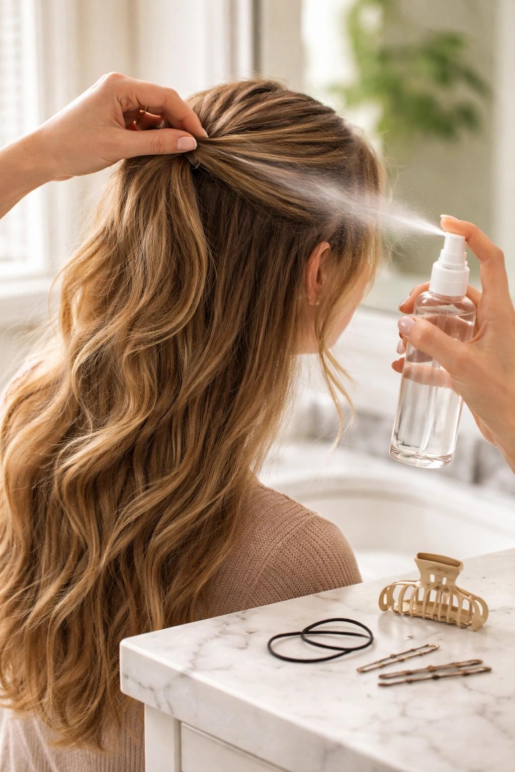Second-day textured hair being styled with elastics and pins on bathroom counter