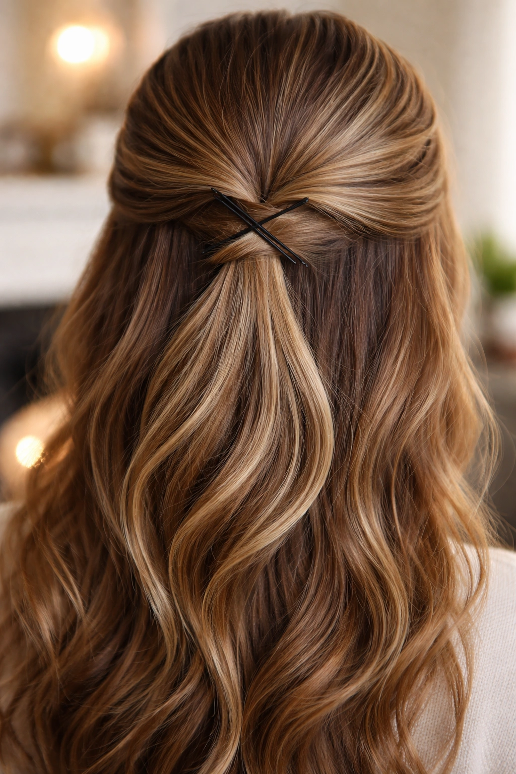 Half-up hairstyle secured with cross pins in an X for all-day hold