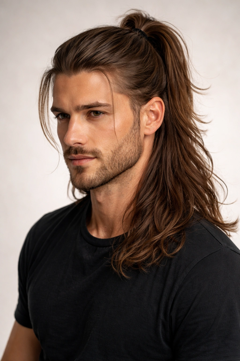 Three-quarter view of a man with half-up ponytail showing top knot