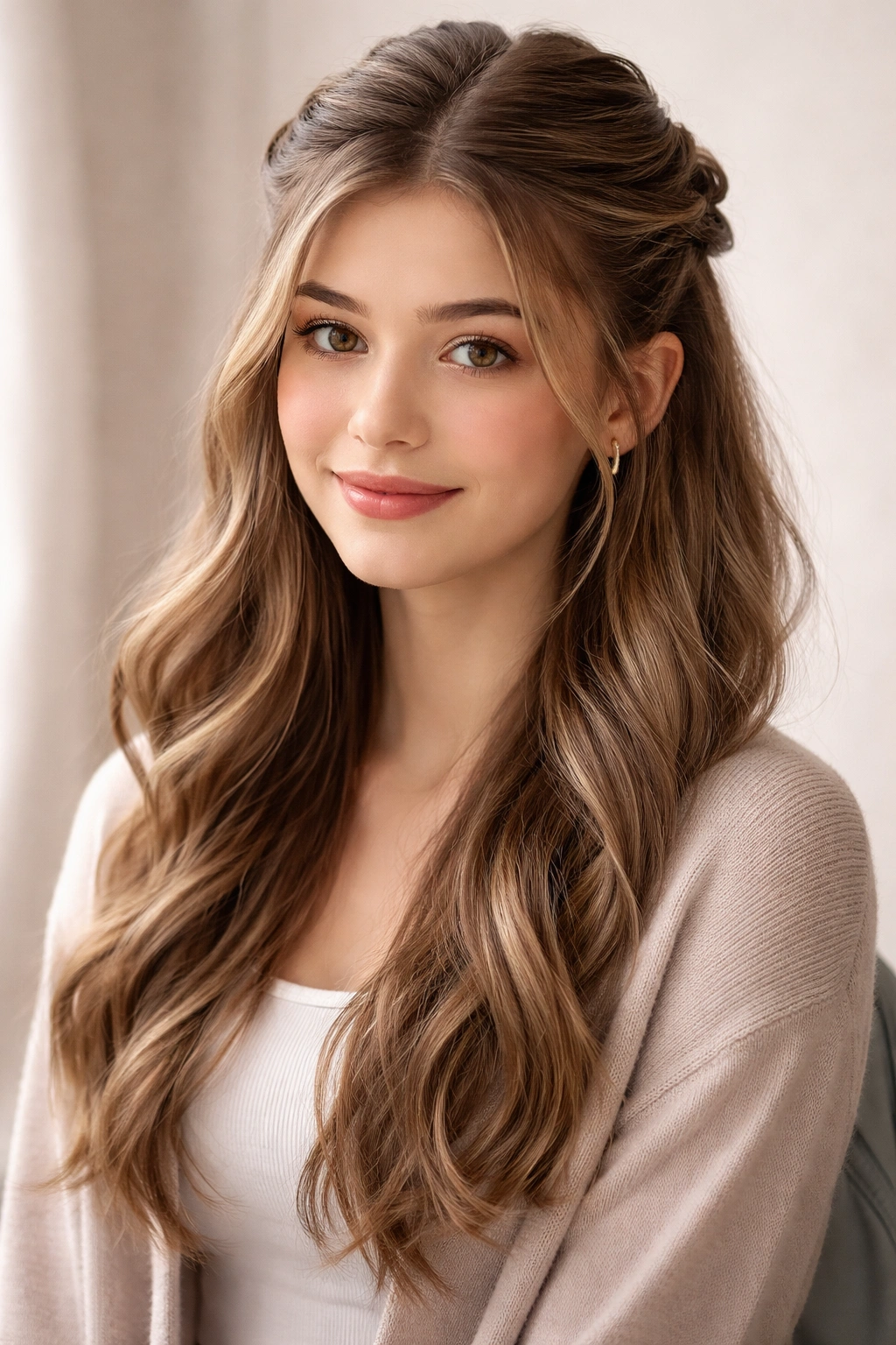 Half-up half-down hairstyle with twisted sides meeting at crown