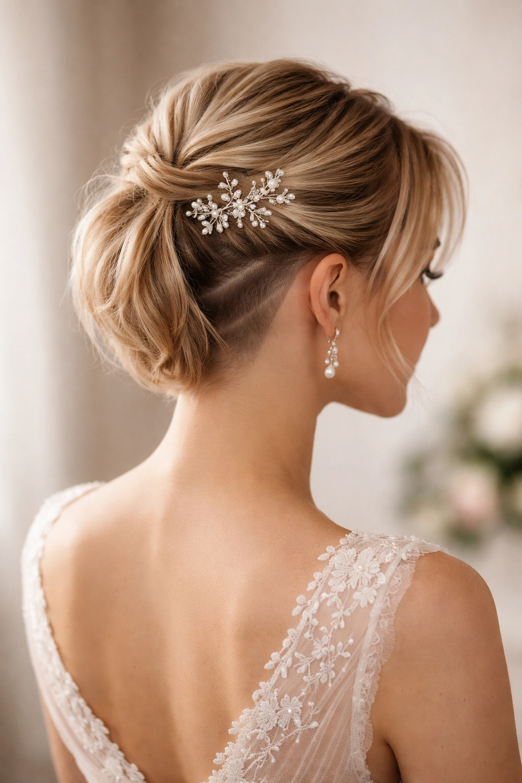 Half-up hairstyle with hidden undercut peeking through