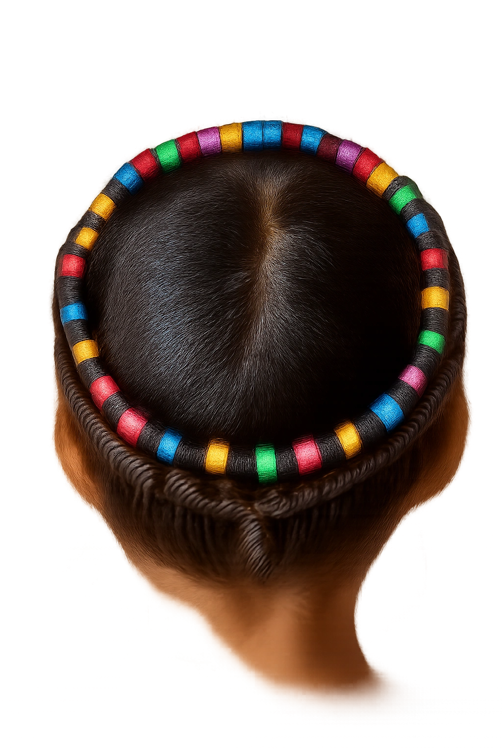 10 Pretty Beaded Braid Styles for Little Girls 9 Halo braid around the head with multicolor beads, viewed from above.