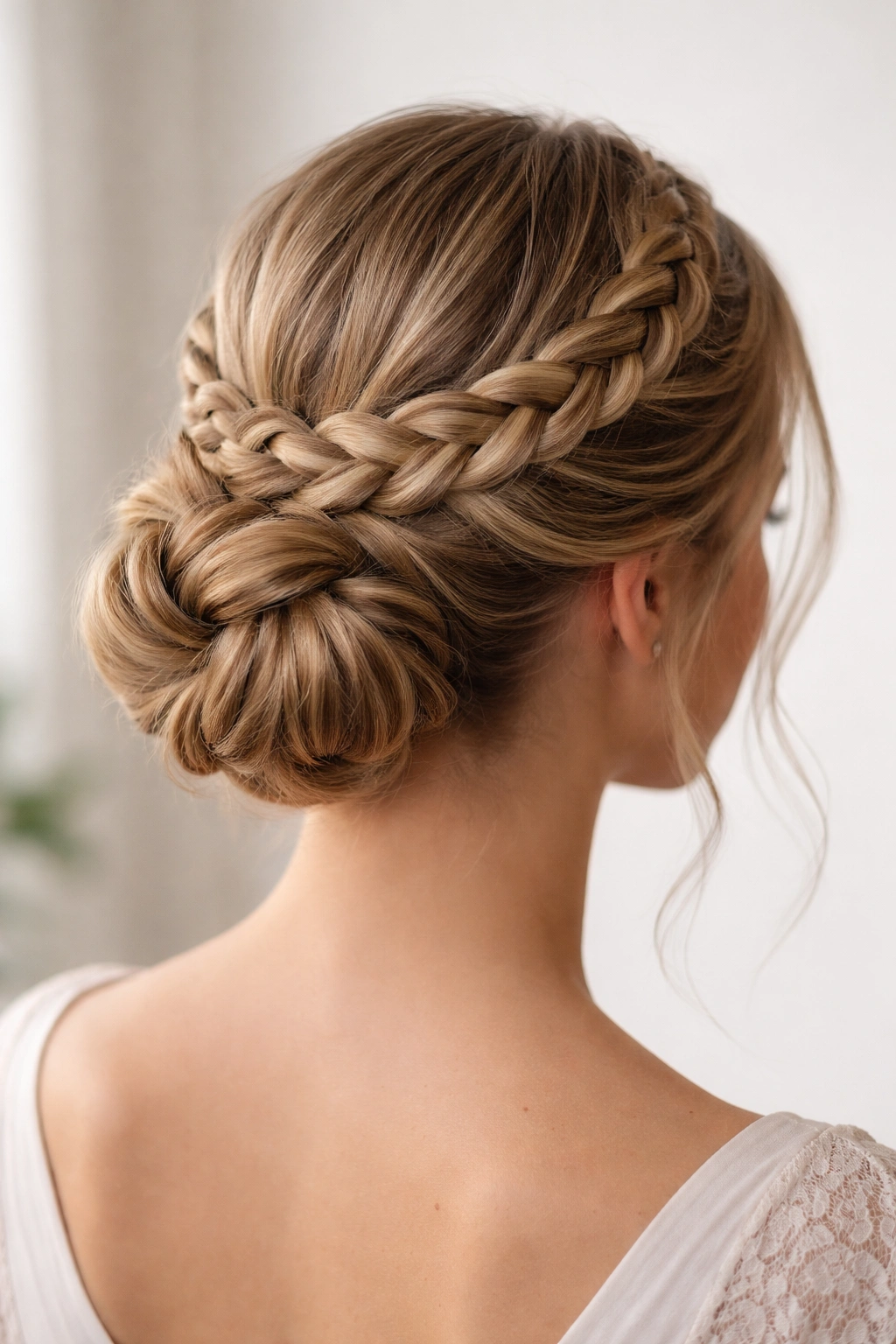 Halo braid around the crown with a braided bun at the back