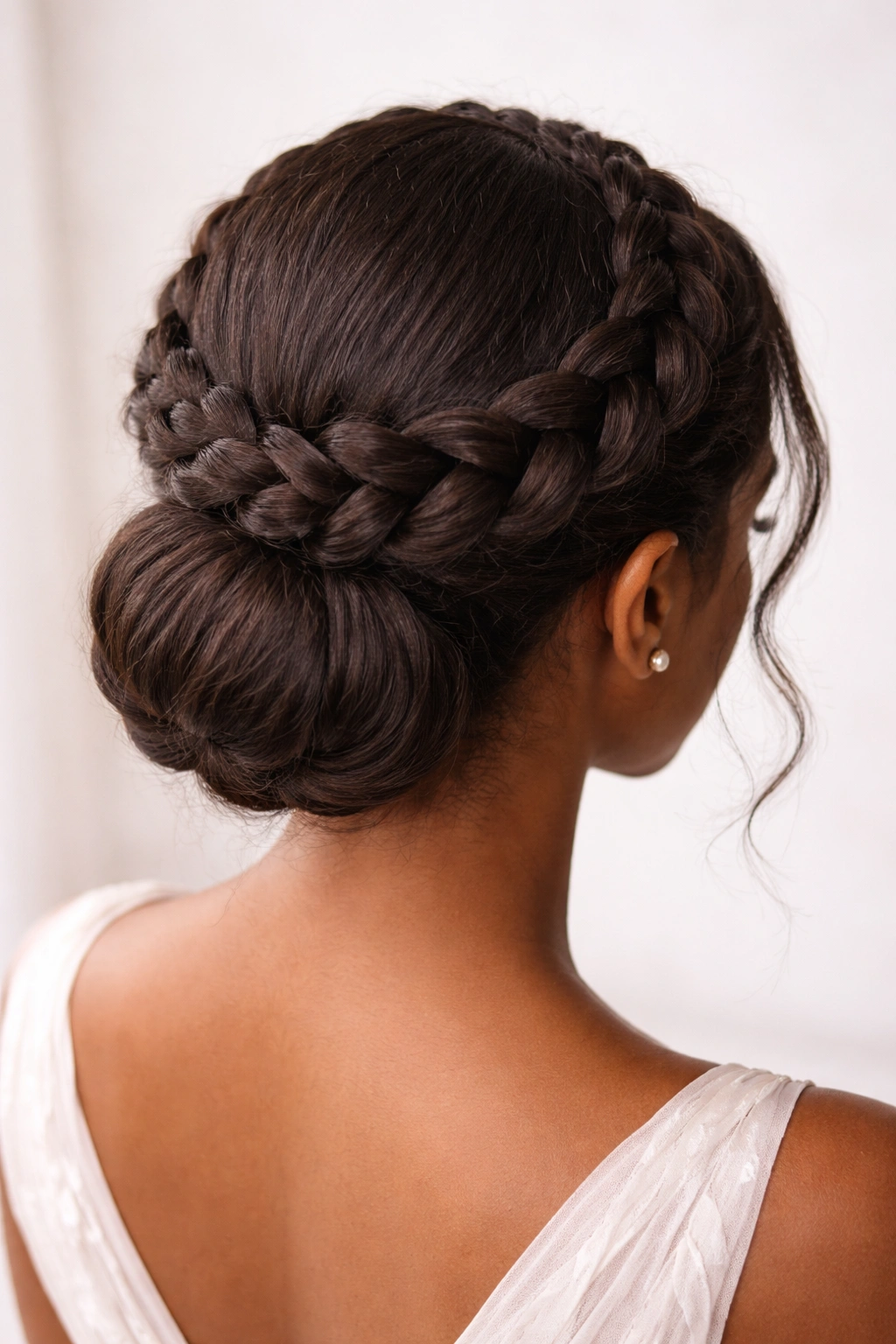 Halo braid around crown with bun at nape, wedding updo