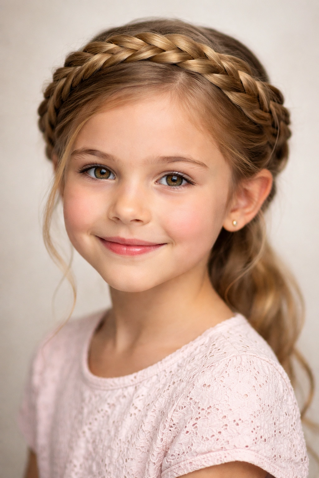 Close-up of a child wearing a halo braid forming a crown around the head