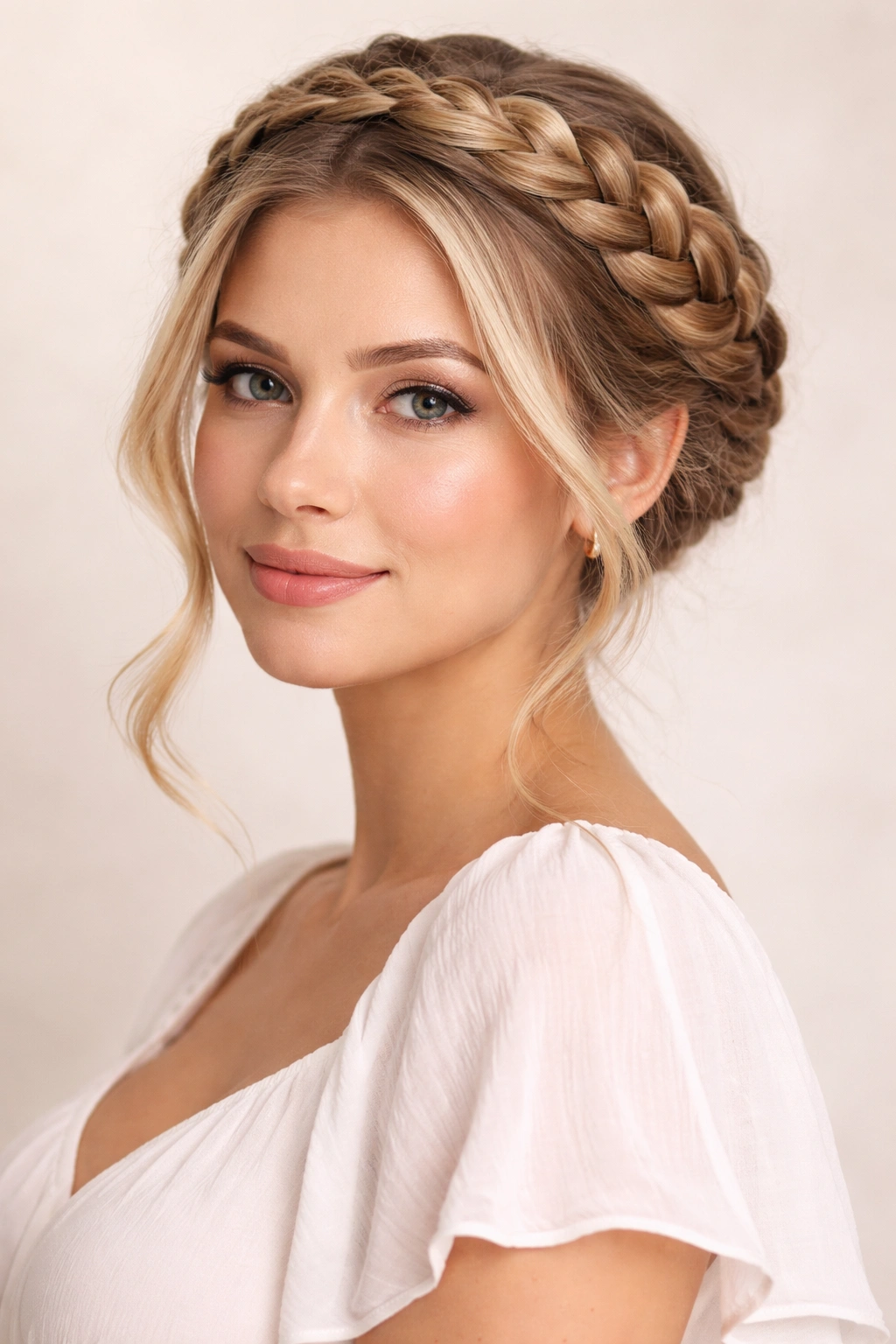 Twisted crown halo braid framing a pregnant model's face
