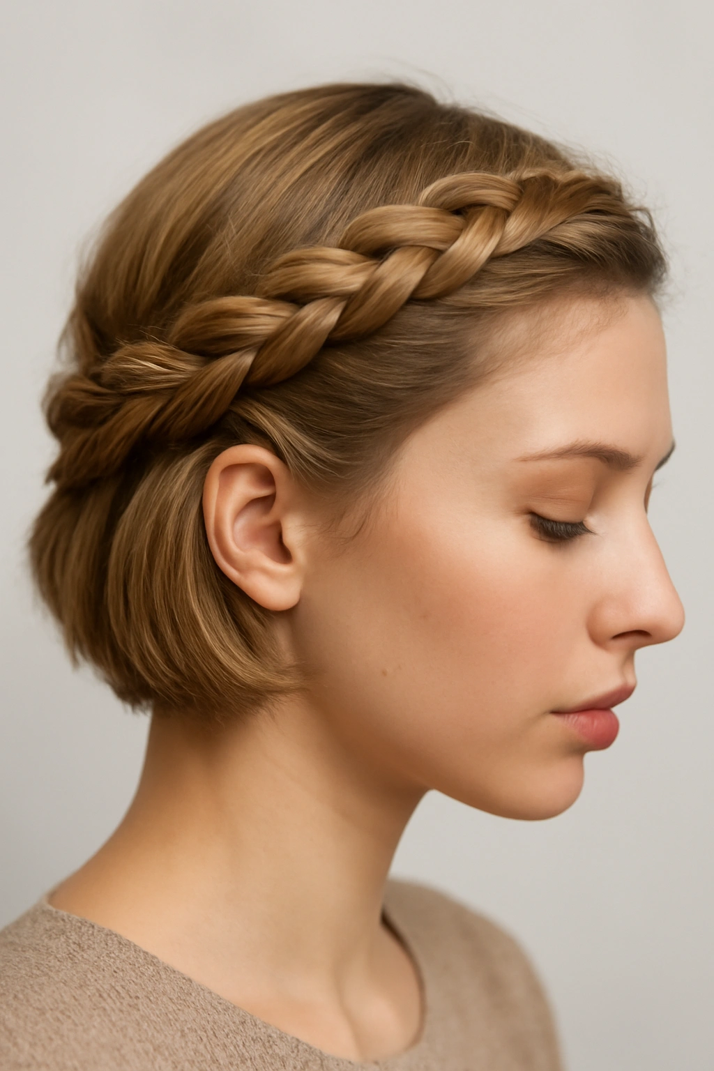 Halo braid wrapping around a short-haired head