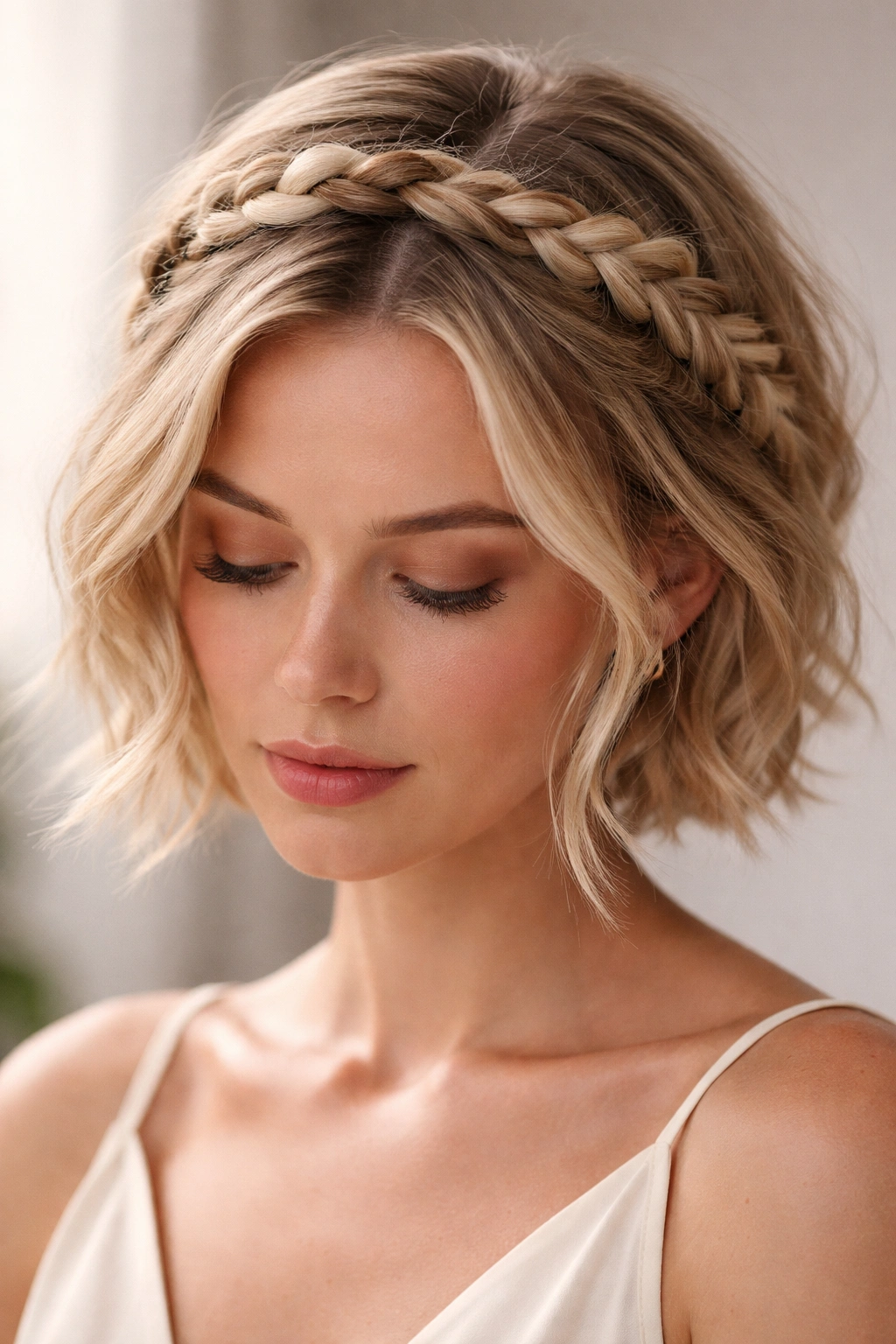 20 Short Braided Hairstyles To Pin Right Now 5 Close-up of a halo braid around the head with loose texture on short hair
