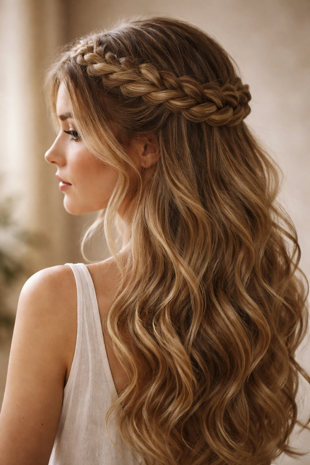 Halo braid with loose waves creating a romantic ethereal look