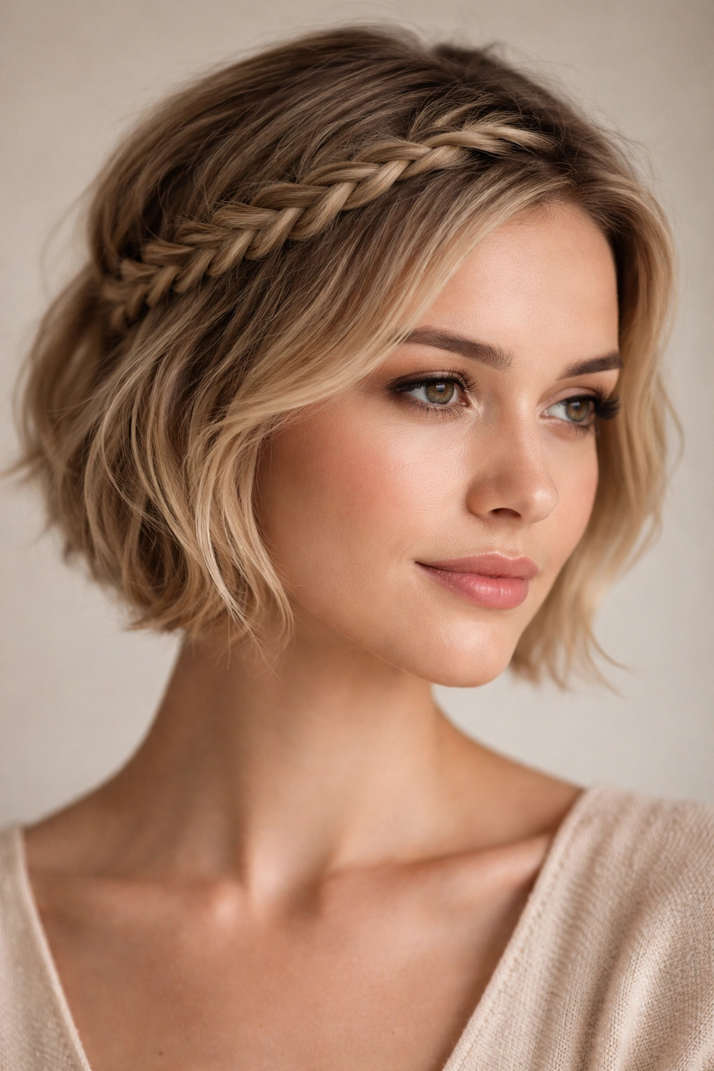 25 Short Braid Styles To Bookmark For Your Stylist 7 Close-up of halo braid tracing the hairline around the crown on short hair.