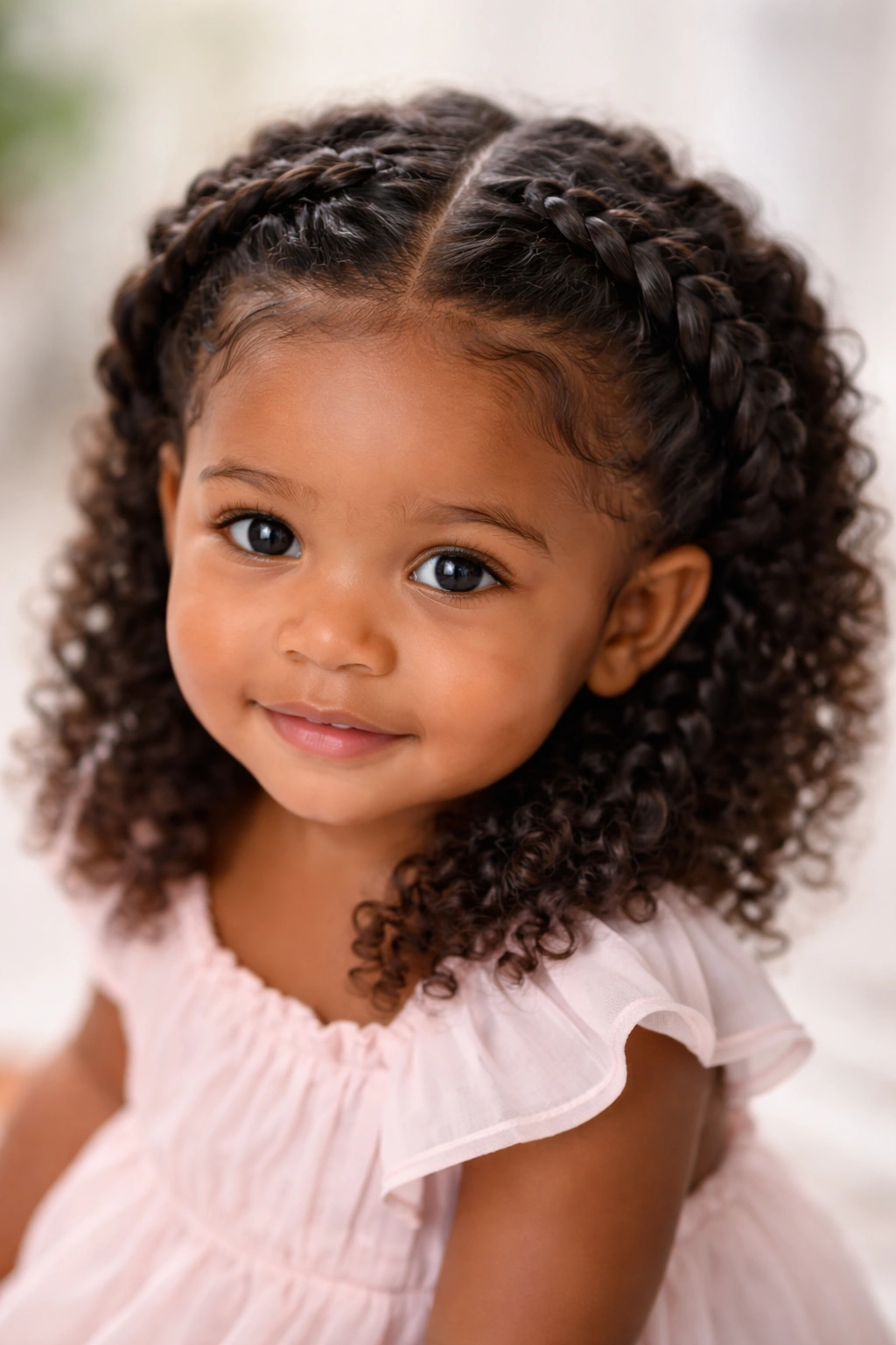 Top-down view of a toddler with a halo braid around the head and loose center hair