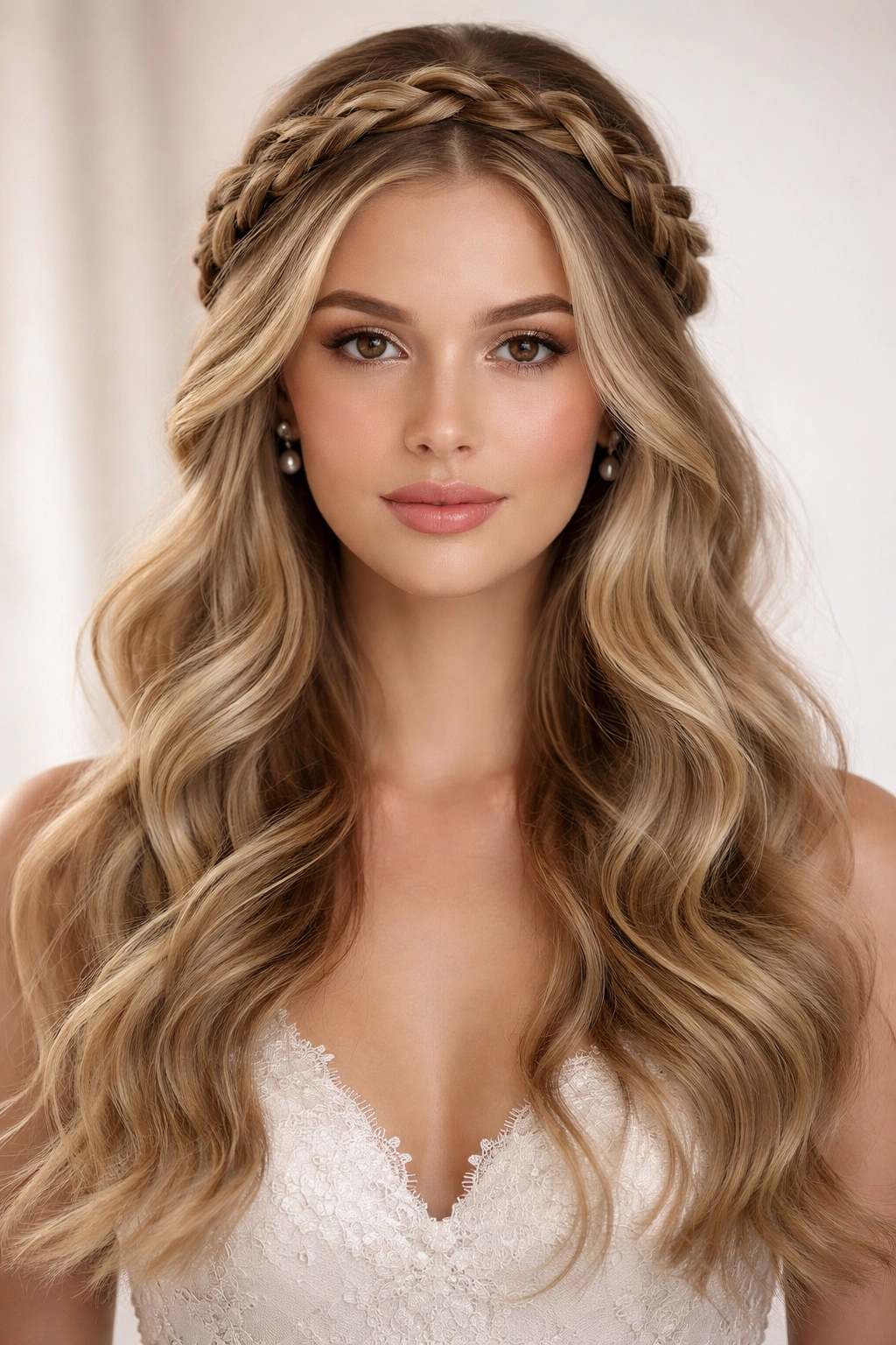 Front view of halo braid with loose waves around the head