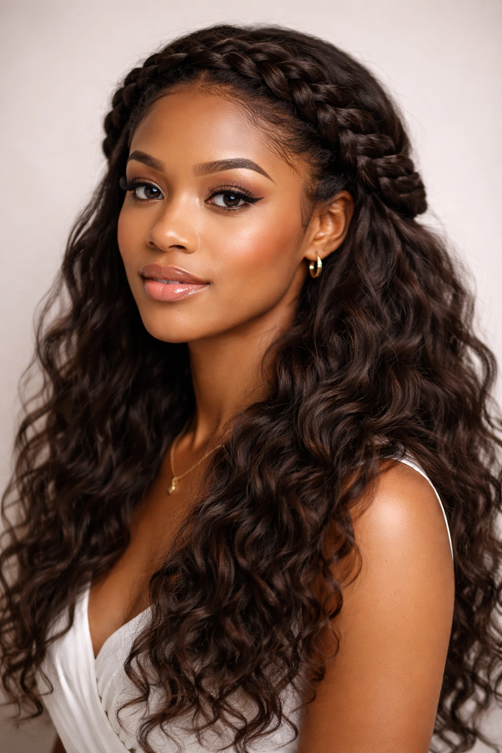 Halo braid around the head with wavy-under hair in studio lighting