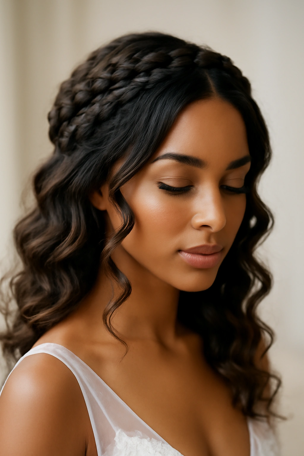 12 Stunning Bridal Hairstyles for Black Women 1 Close-up of halo braided crown with curled ends framing the bride's face.