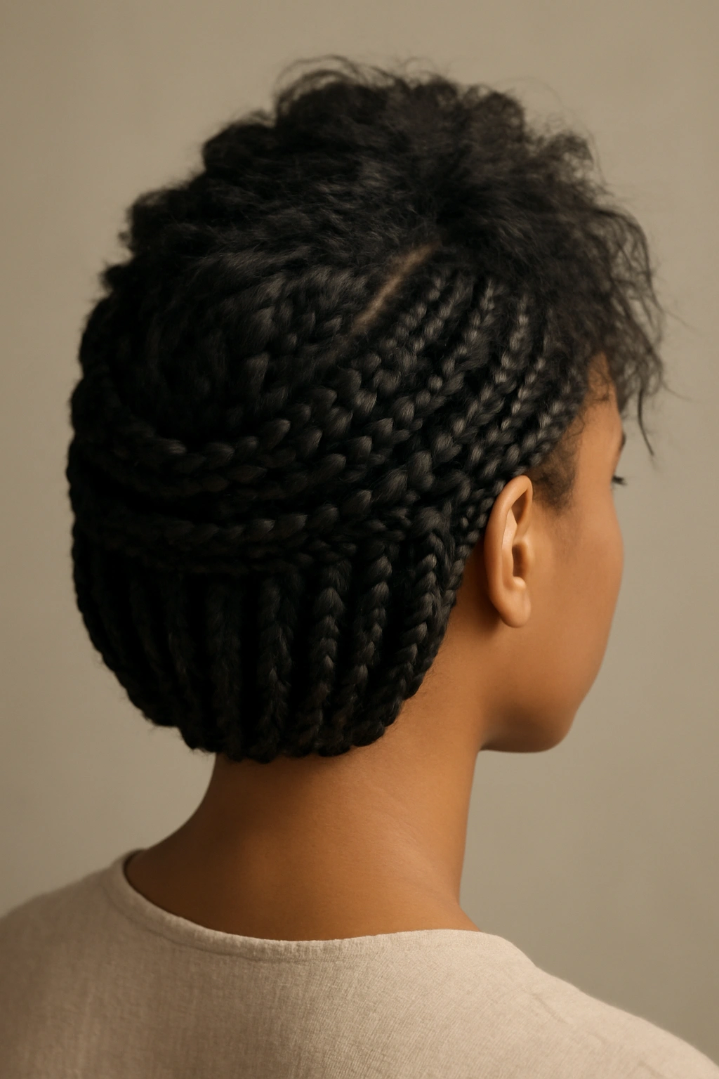 Halo of braids circling the head with a textured loose top