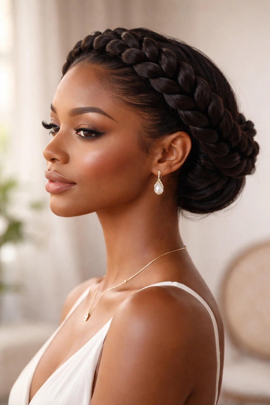 Halo braid forming a crown around the head with a thick braid