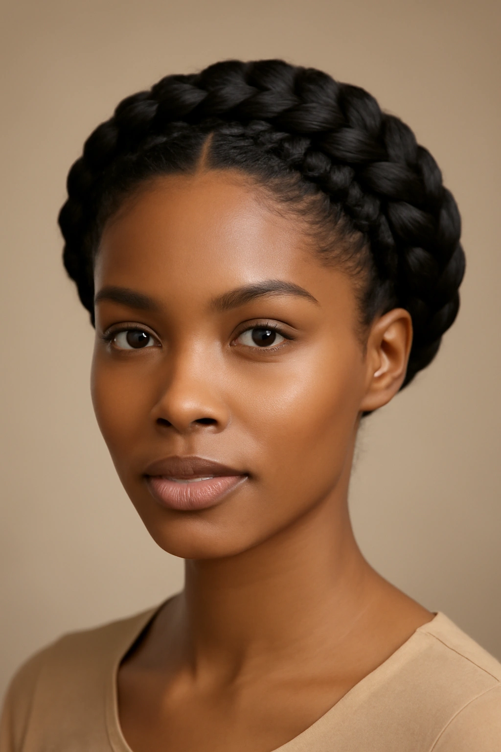 10 Knotless Braid Styles From Short Bobs to Long 9 Close-up view of knotless halo braids forming a crown around the head