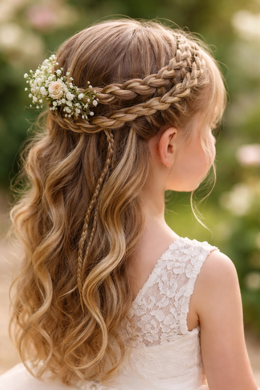 Flower girl wearing a halo crown made of thin braided sections around her head