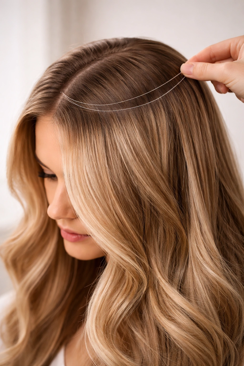 Close-up of halo extensions worn on the crown with a nearly invisible wire blending into natural hair