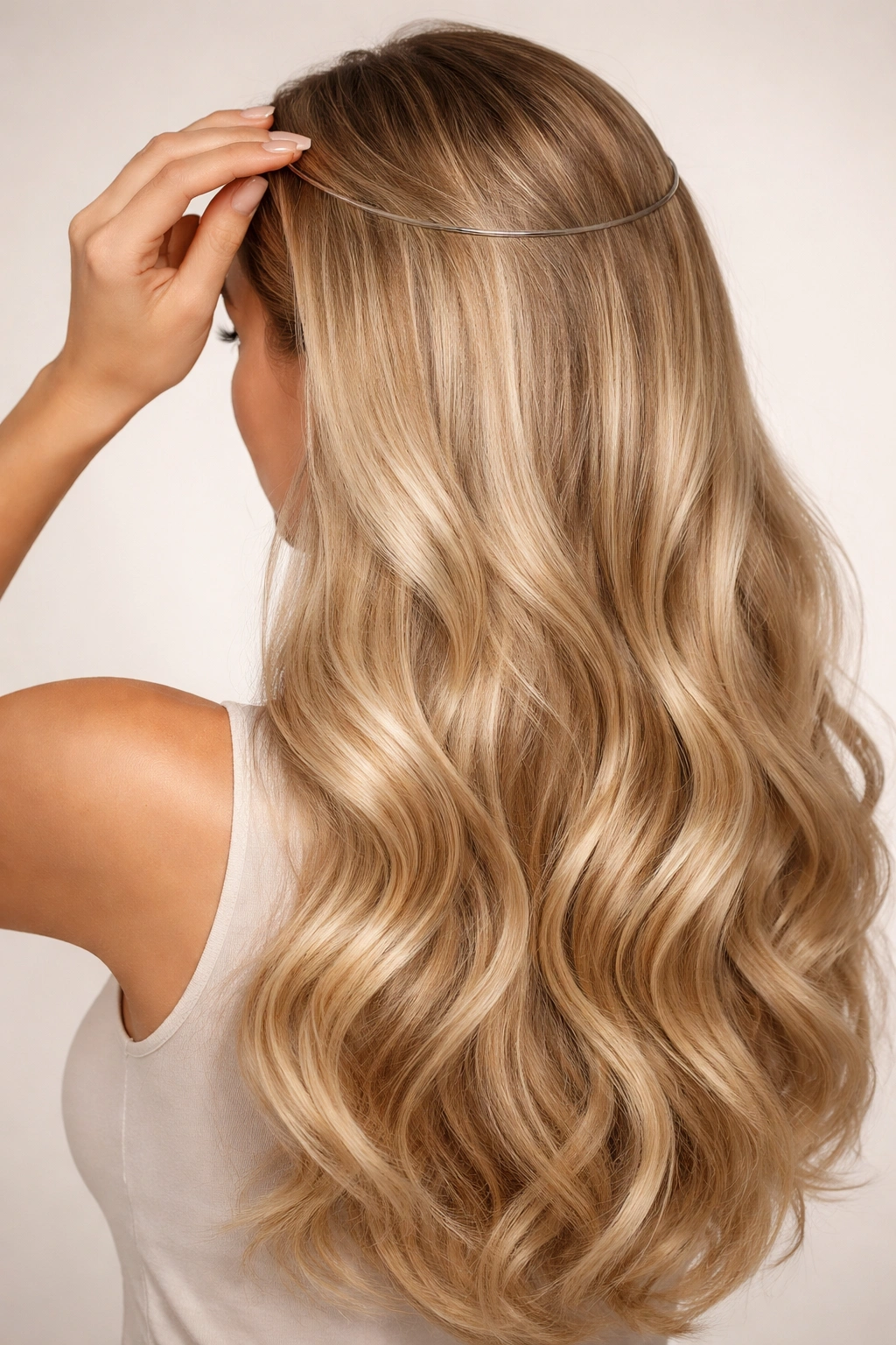 Close-up of halo extension worn on head blending with natural hair