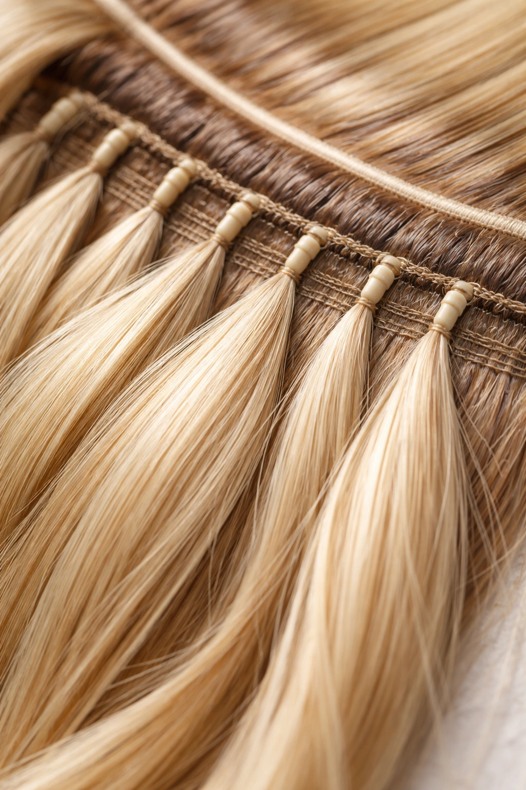 Hand-tied wefts with beads displayed neatly on a clean background