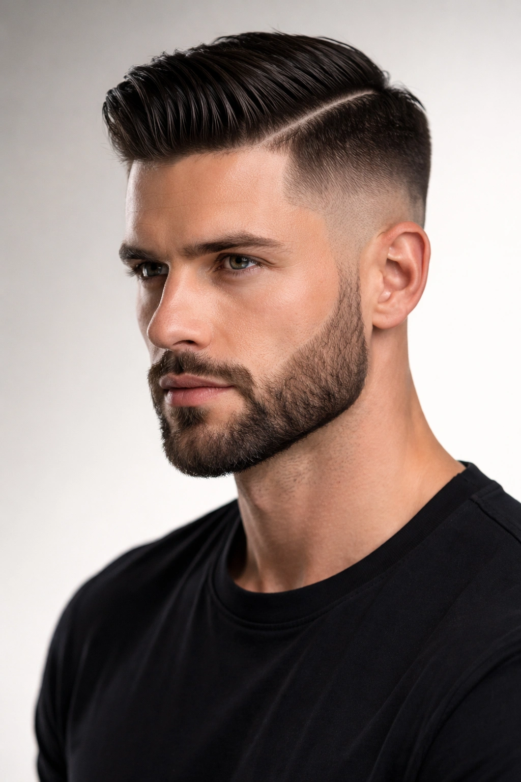 Close-up portrait of a man with a crisp hard part and sharply trimmed beard in studio lighting