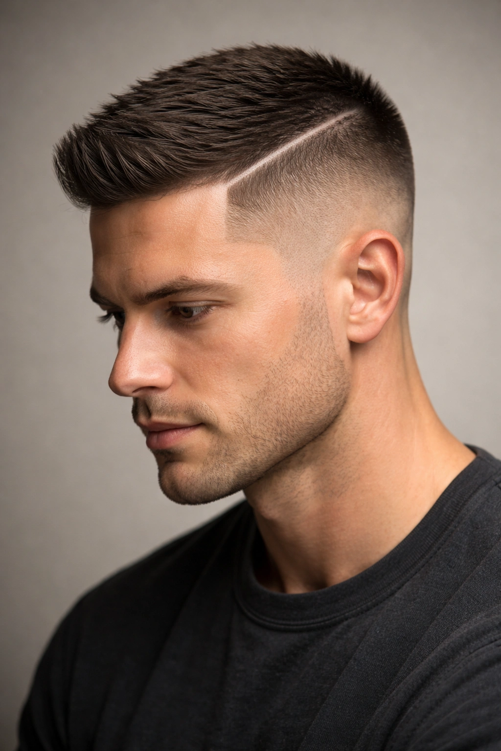 Close-up profile of man with crew cut and sharp hard part on the side