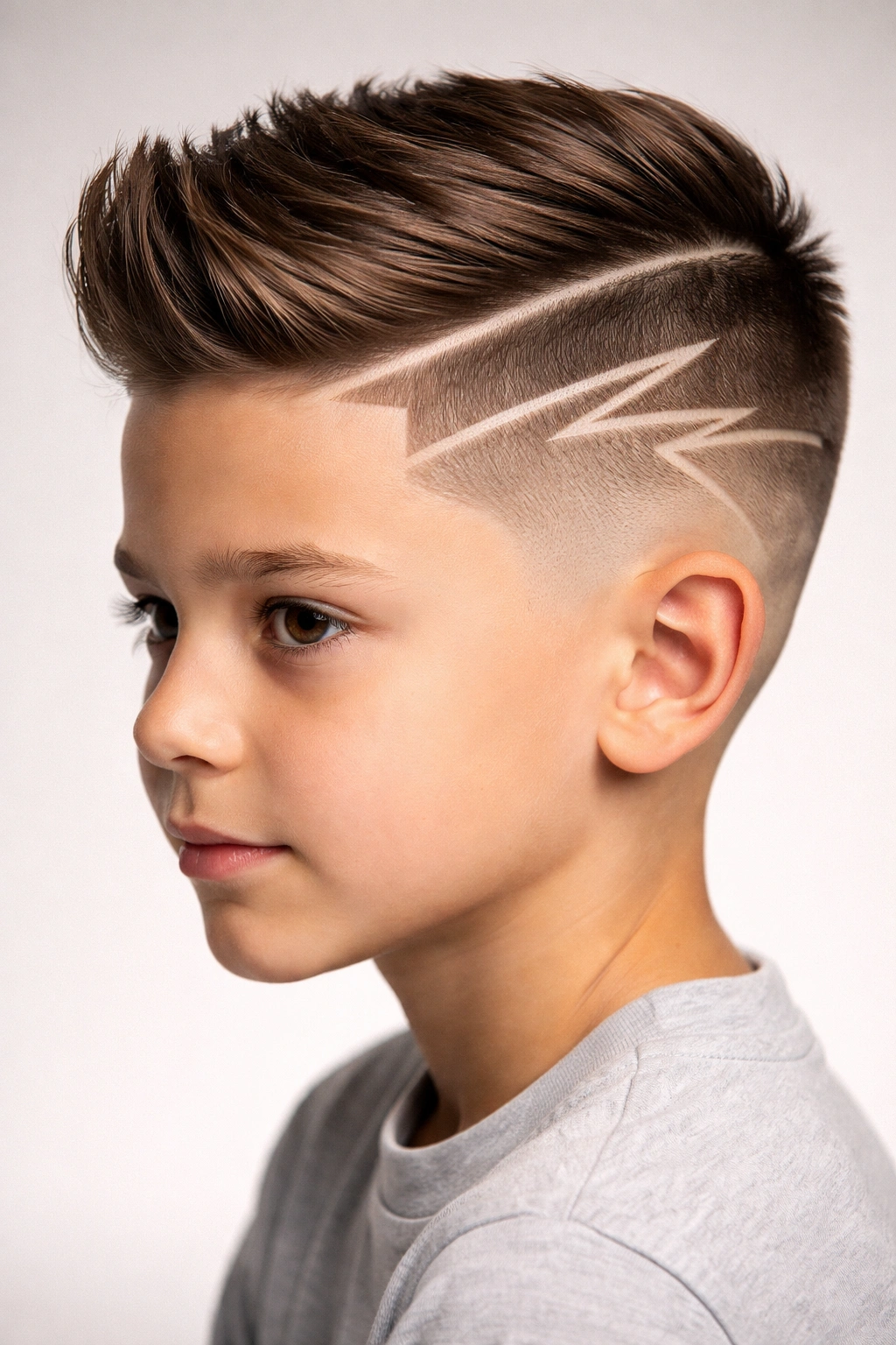 Close-up of a boy's head with a crisp shaved hard part and geometric design.