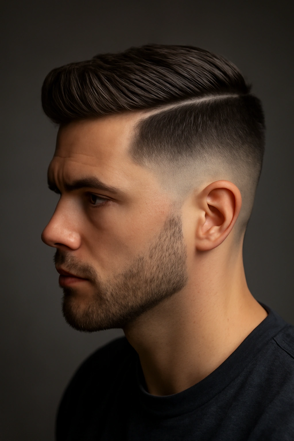 20 Men's Haircuts Matched to Face Shape and Hair Type 14 Portrait of a man with a hard part and fade, showing a sharp side line