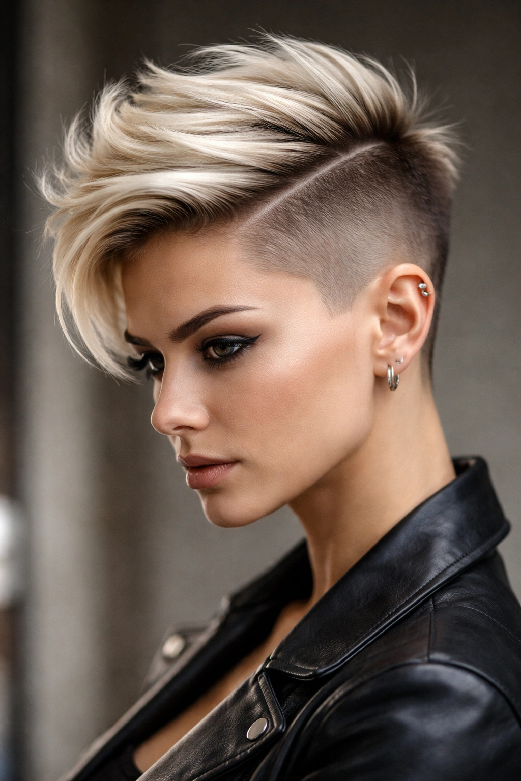 10 Shaved Pixie Styles That Look Incredibly Sharp 3 Hard part pixie cut with disconnected crown in studio portrait
