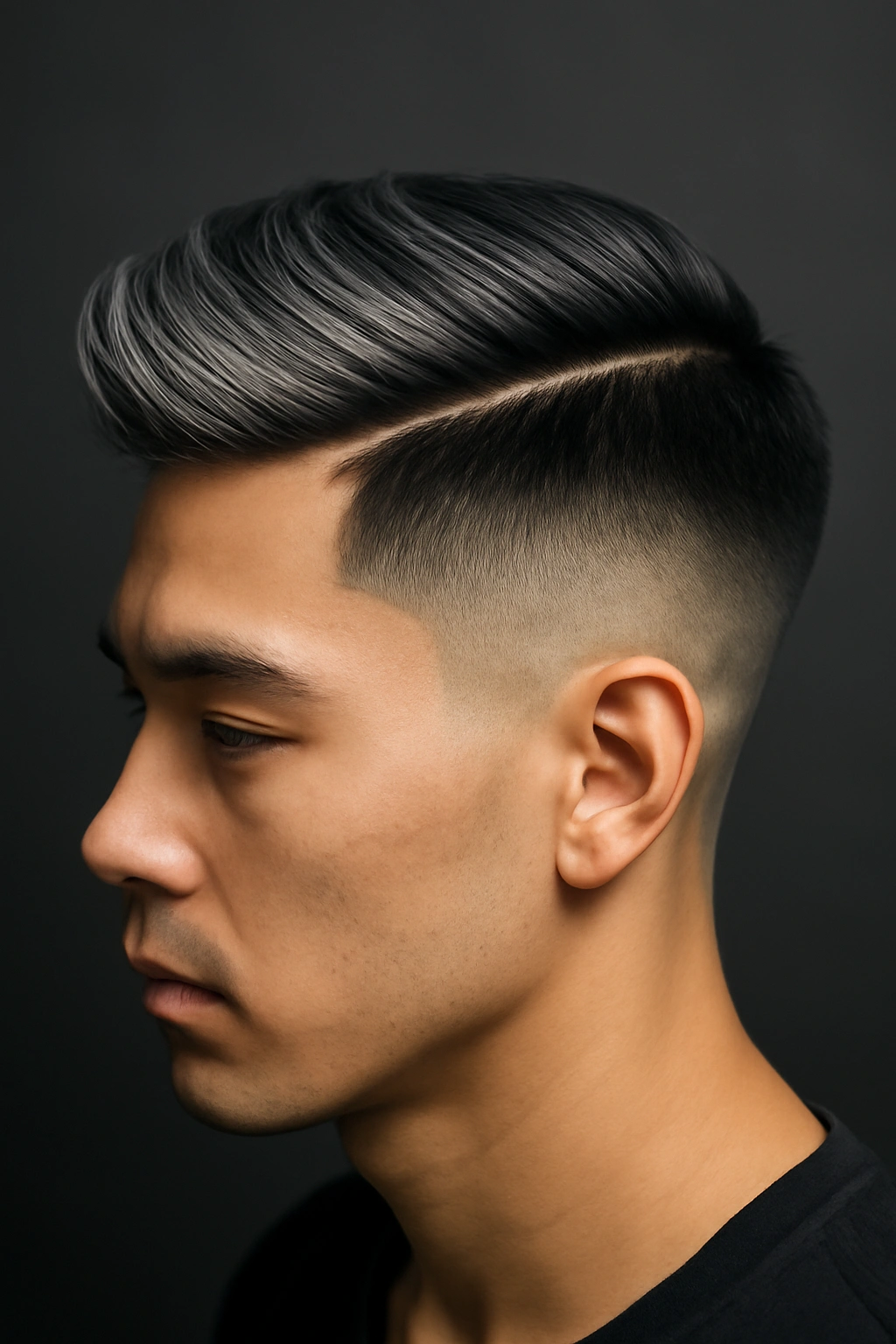 12 Short Ombre Haircuts With a Perfectly Blended Fade 7 Close-up of hard-part undercut with black-to-silver ombre showing a sharp part and silver tips.