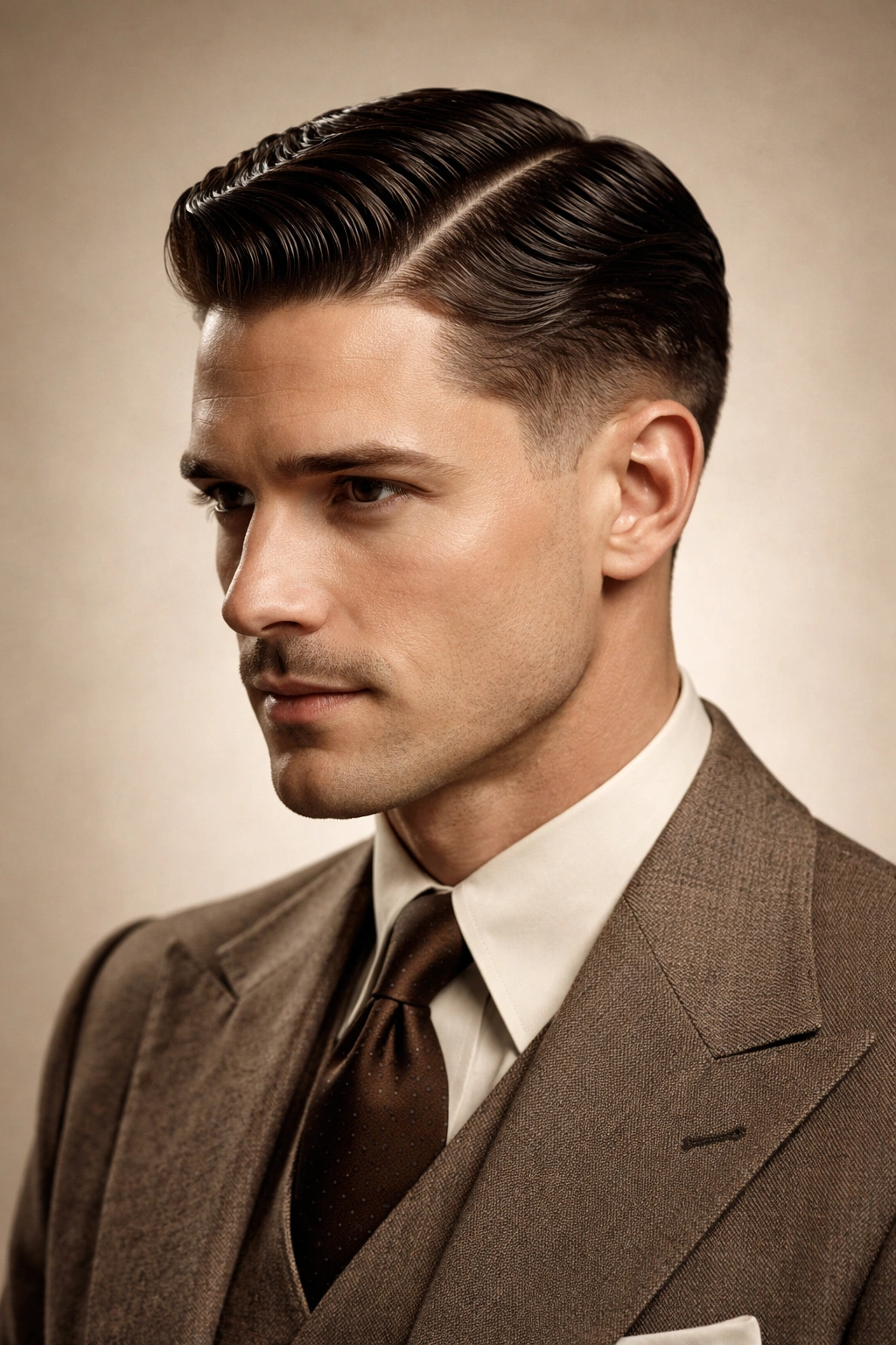 Portrait of man with hard part and finger waves hairstyle