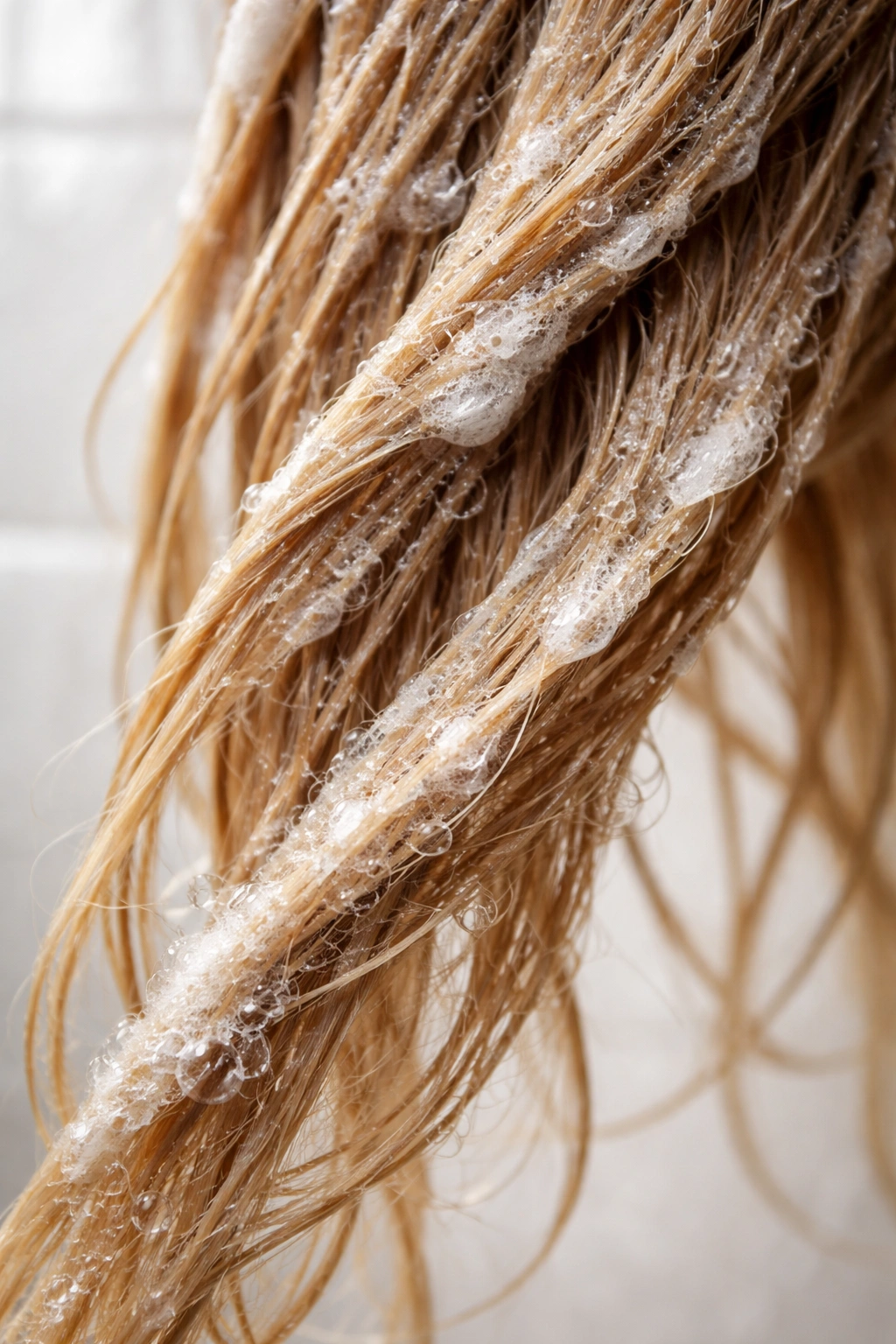 Hair strands with mineral buildup film from hard water