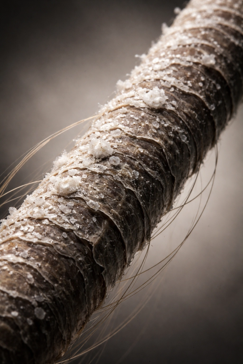 Macro hair strand with mineral coating showing rough cuticle
