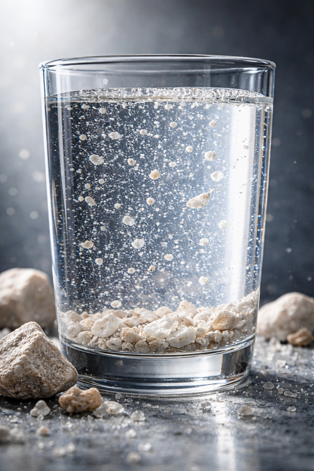Close-up glass of water with mineral crystals illustrating hard water